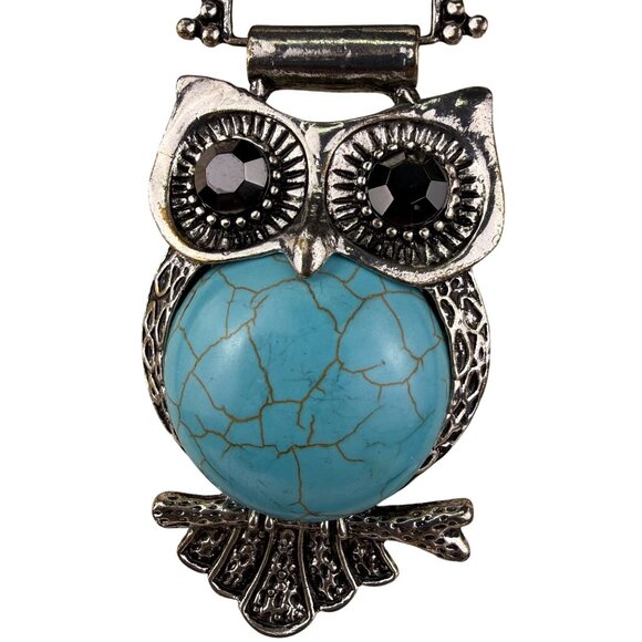 Vintage Owl Pendant Necklace Silver Tone Chain & Turquoise Accents Unique Statem - Picture 3 of 5